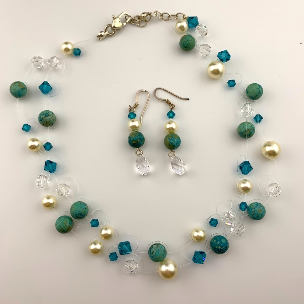 STERLING NECKLACE & EARRINGS SET FAUX PEARLS w BLUE STONE & GLASS BEADS 16-18"